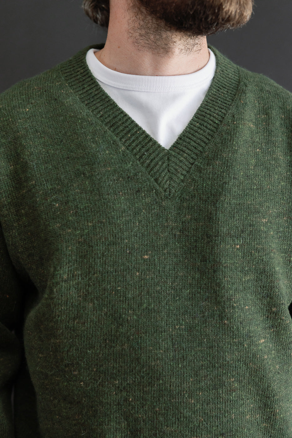 Close-up front view of a male model wearing a green v-neck knit sweater over a white t-shirt.