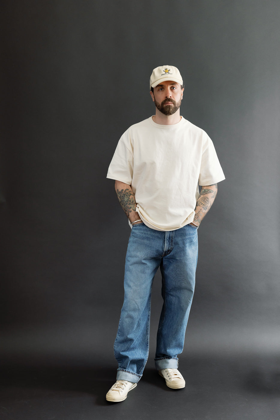 Full body front view of a male model, 5'9