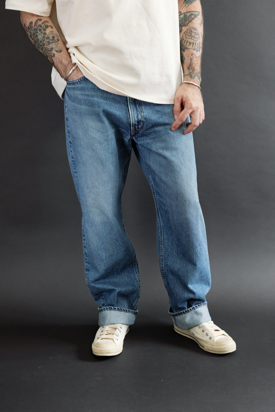 Front view of blue jeans on a 5'9