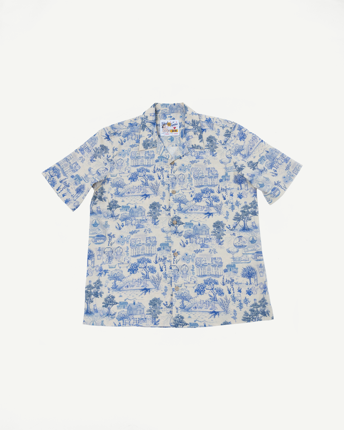 Flat lay of short sleeve linen aloha shirt, front view, blue cat print, front buttons, camp collar.