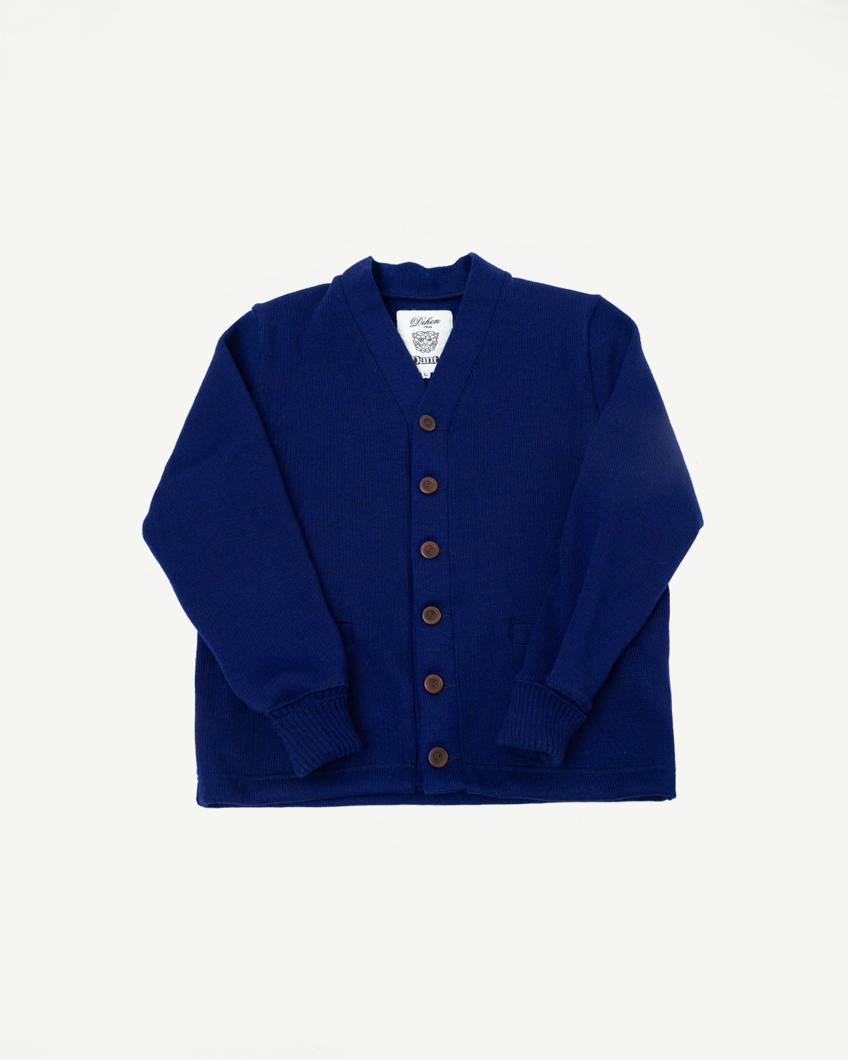 Flat lay front view of classic purple cardigan, button front, ribbed cuffs, v-neck collar.