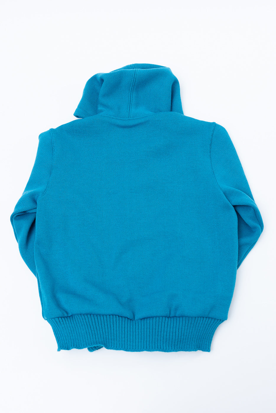 Flat lay of aqua full-zip moto hoodie, back view, showing ribbed hem and hood detail.