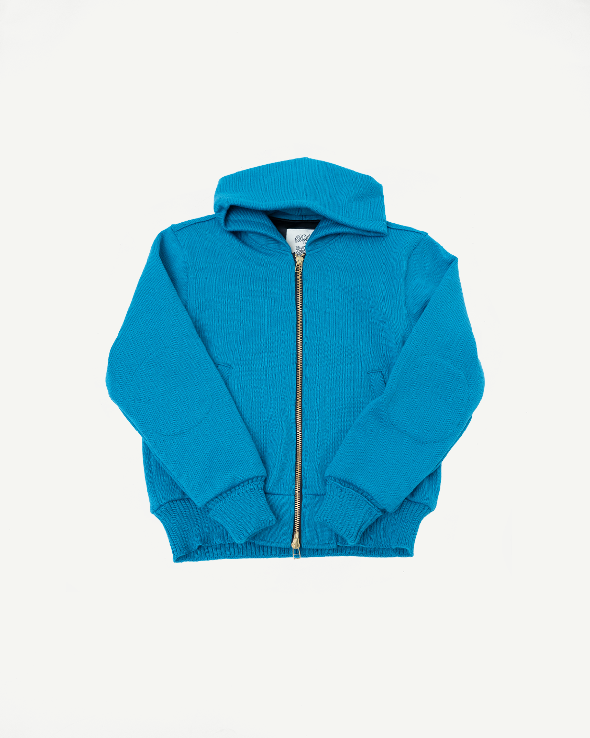 Flat lay front view of aqua full-zip moto hoodie showing ribbed cuffs and kangaroo pockets.