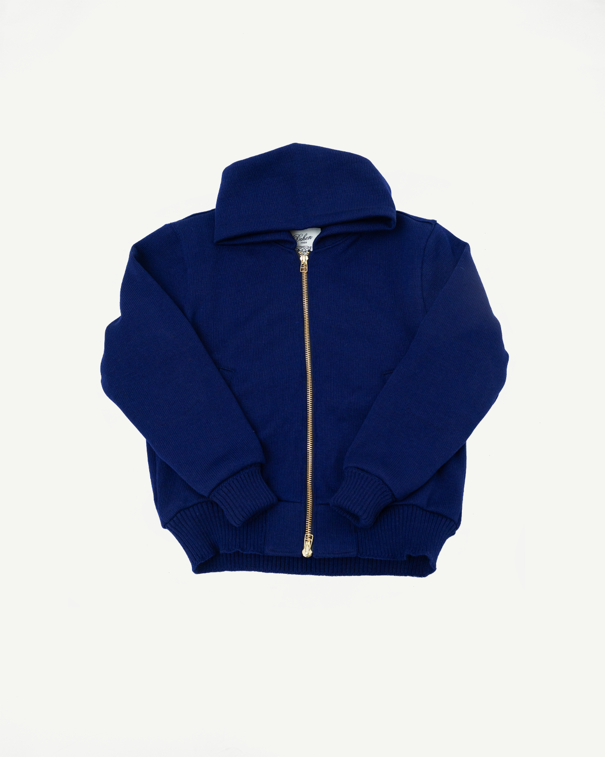 Flat lay front view of a purple full-zip moto hoodie showing gold zipper, ribbed cuffs, and waistband.