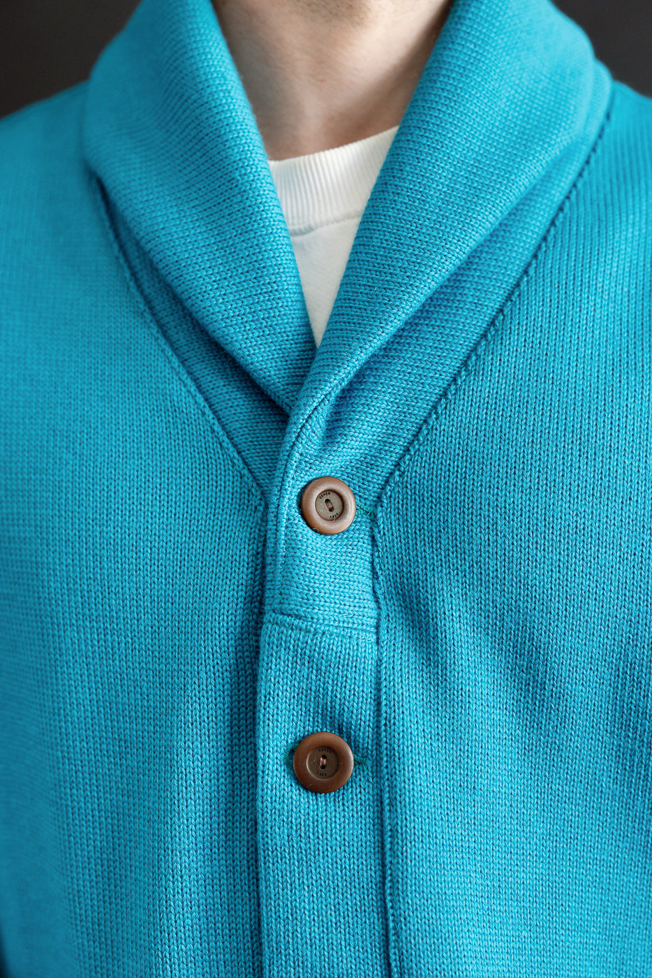 Close-up of aqua shawl sweater coat front on male model, 5'9