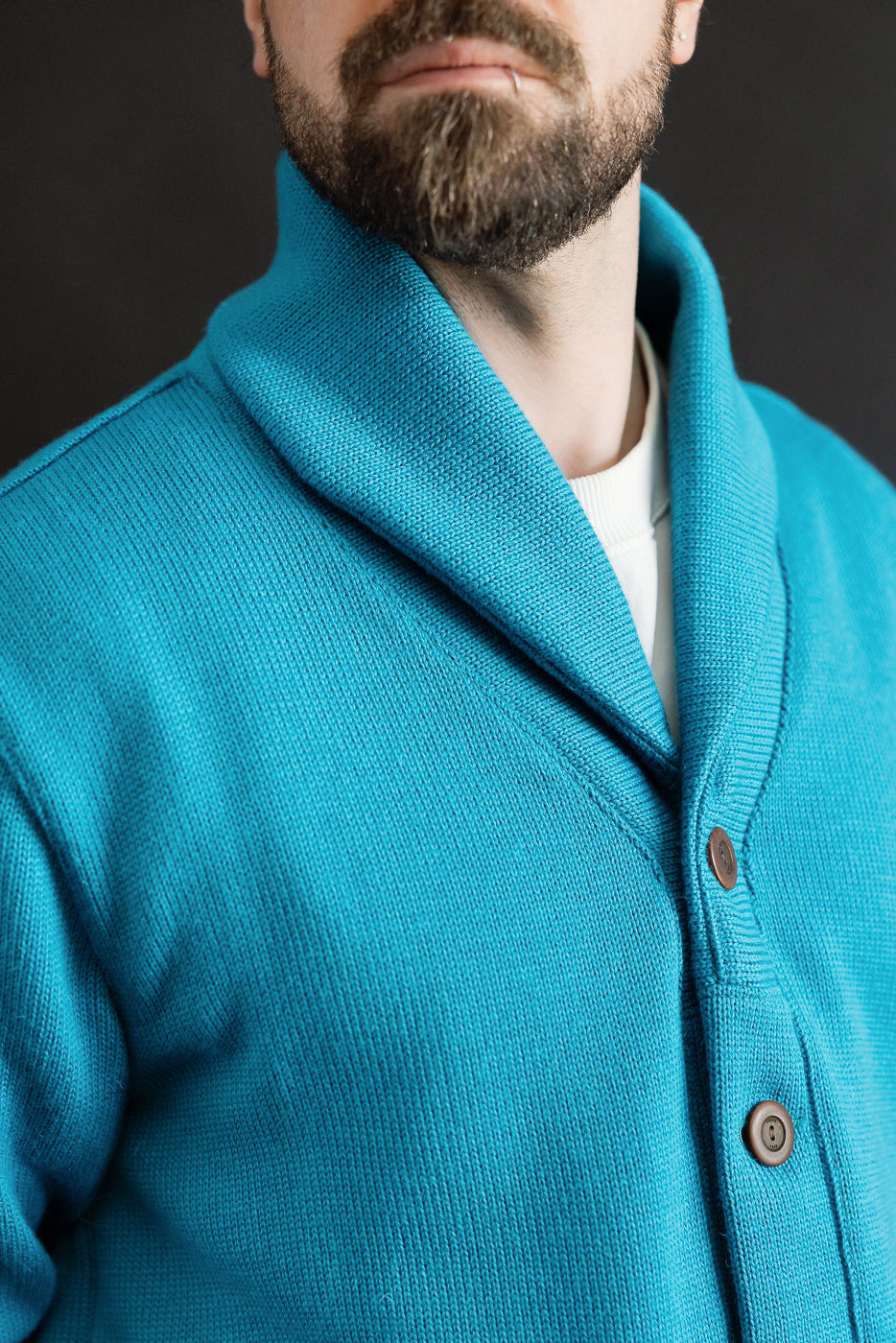 Close-up front view of aqua shawl sweater coat on male model, 5'9