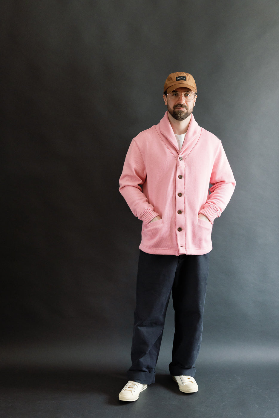 Full body front view of male model 5'9