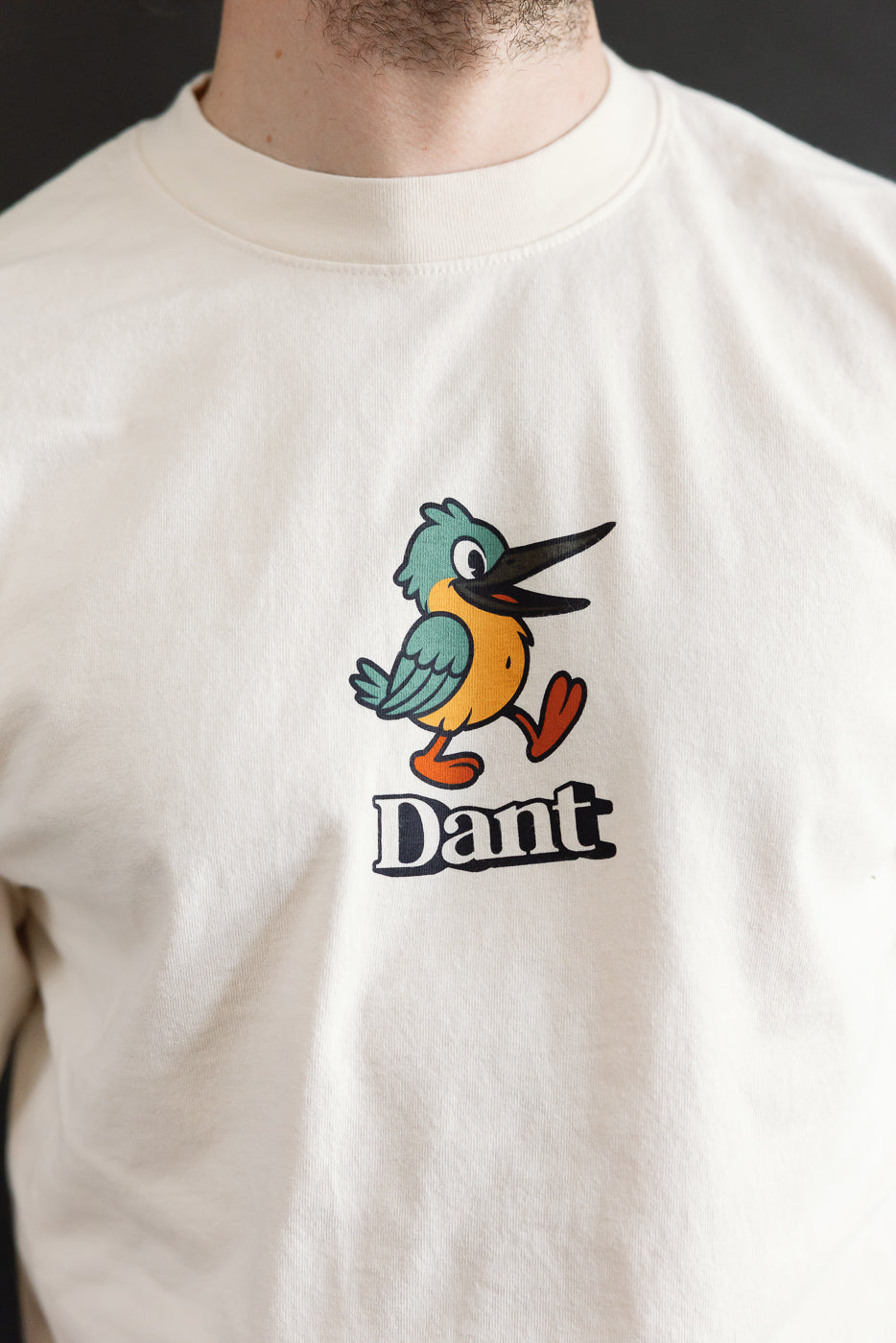 Cream-colored 6.5oz - Dant Kingfisher T-Shirt features a cartoon bird with green wings and an orange belly, centered on the chest above bold Dant lettering. Modeled by a person showing neck and shoulders.