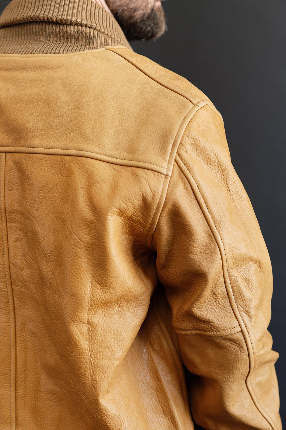 Close-up of back and shoulder detail, tan leather jacket on male model, showing texture and ribbed collar.