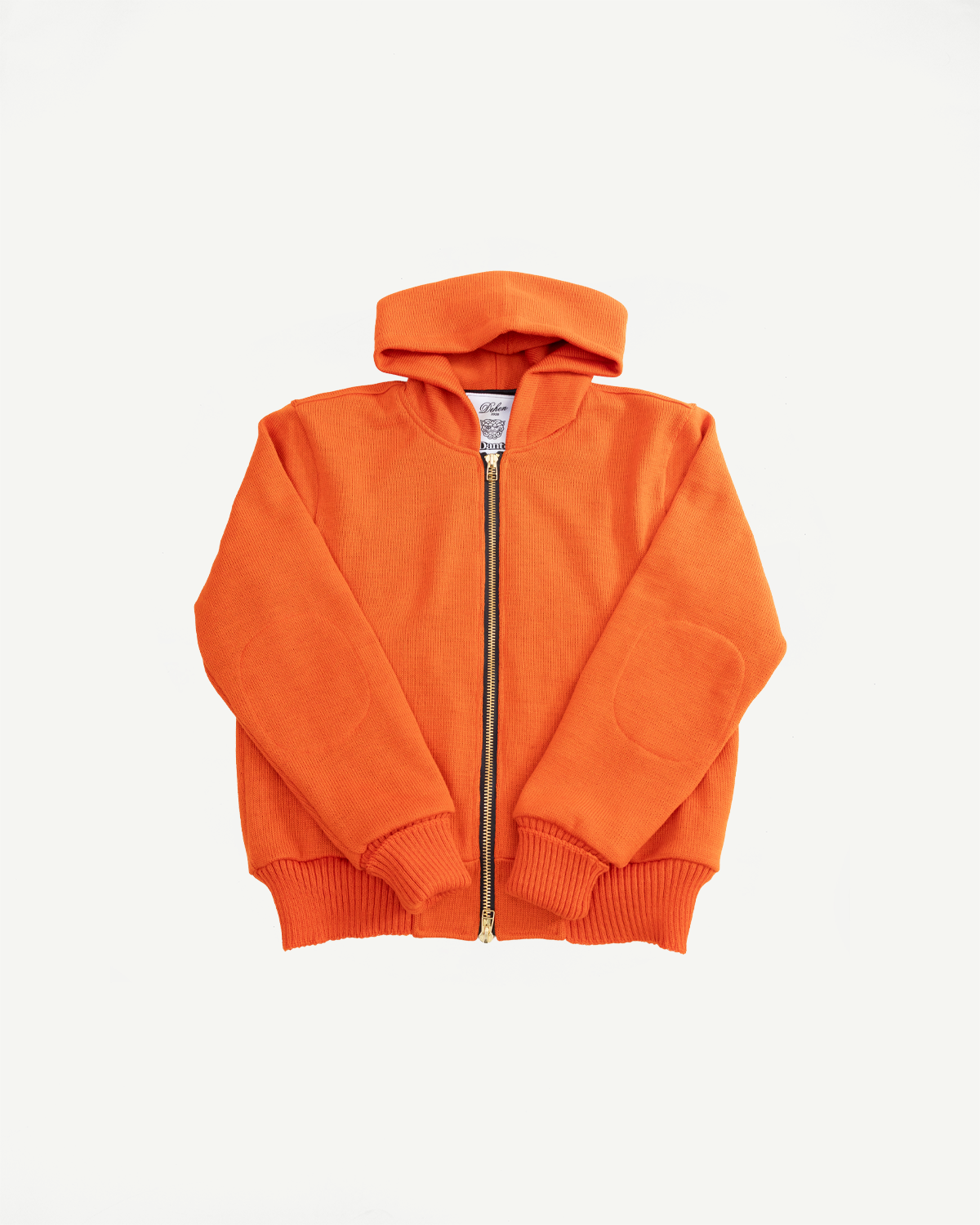 Orange knitted zip up hoodie flat lay front view on a white background