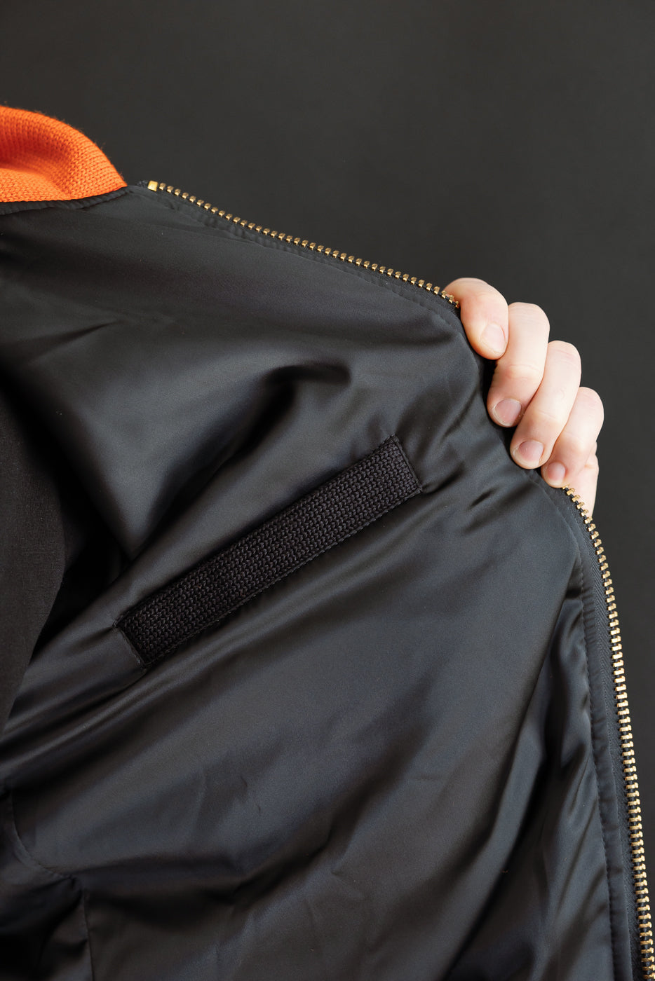 close up of interior pocket, black liner