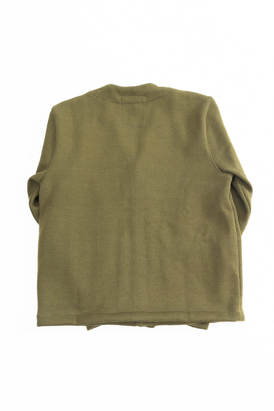 Green cardigan with brown buttons on a white background, back view
