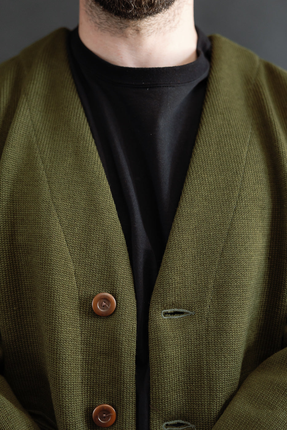close up of neckline of a black shirt with an olive green cardigan with brown corozo buttons on a dark background