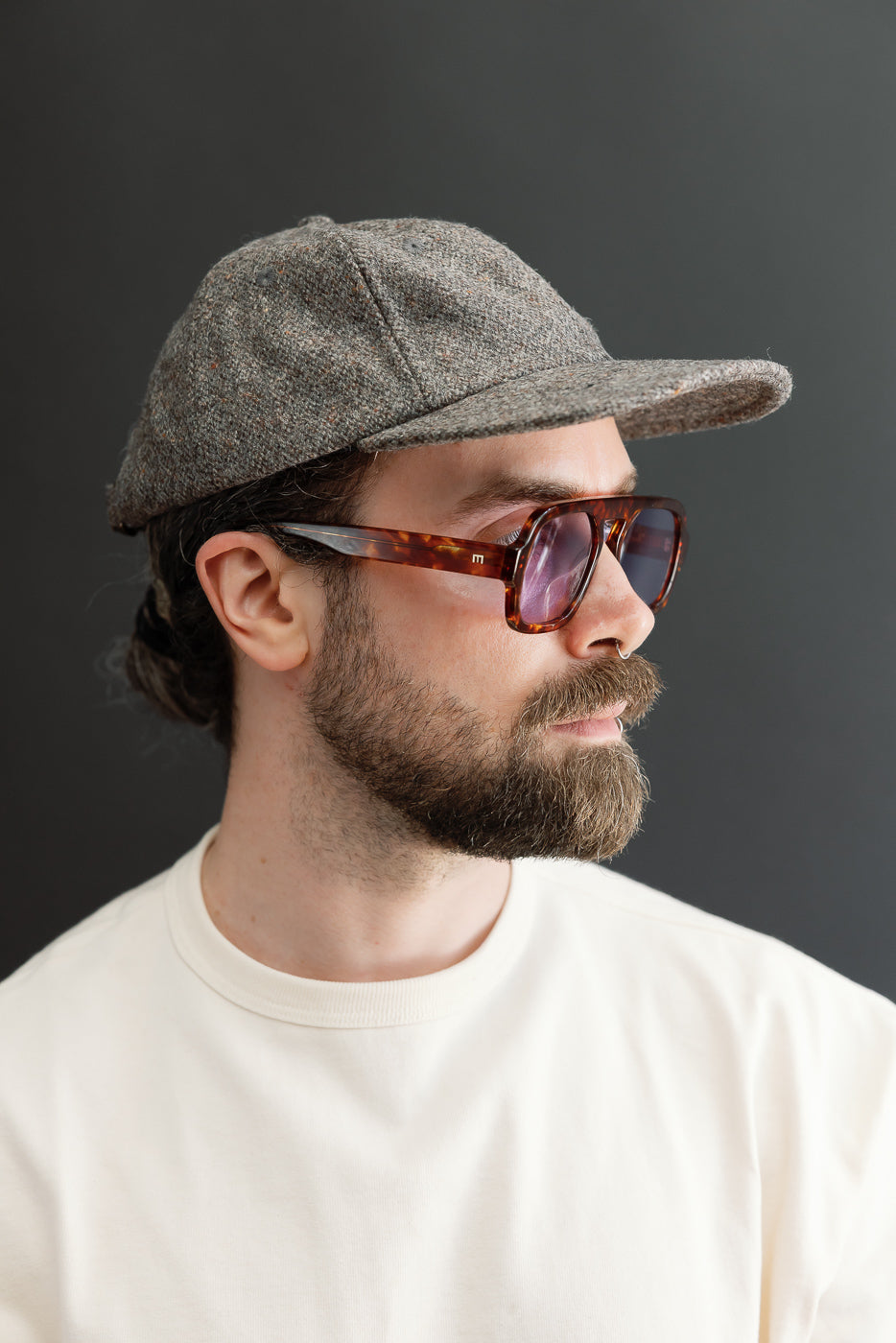 Close-up profile of a male model, 5'9