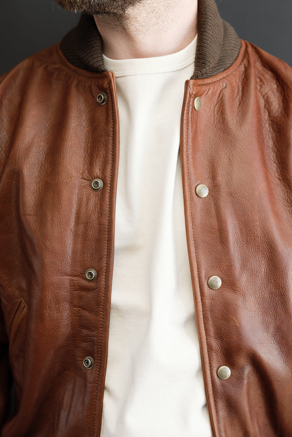 Close-up front view of a male model wearing a brown leather bomber jacket over a white t-shirt.