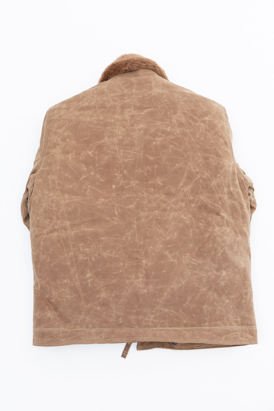 Back view flat lay of a tan waxed canvas jacket with a faux fur collar.