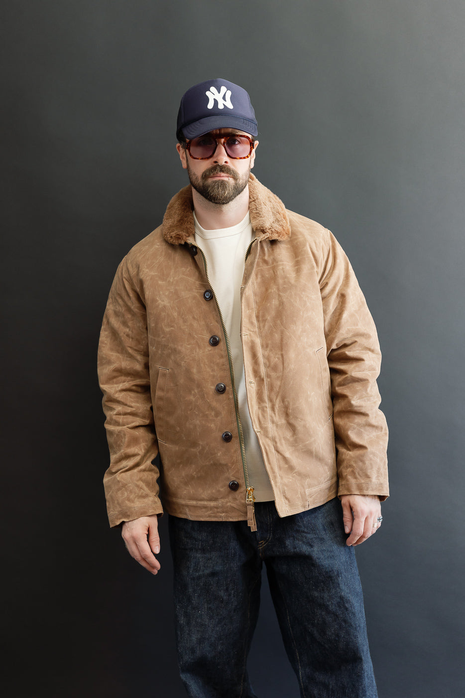 Front full body view of a male model, 5'9