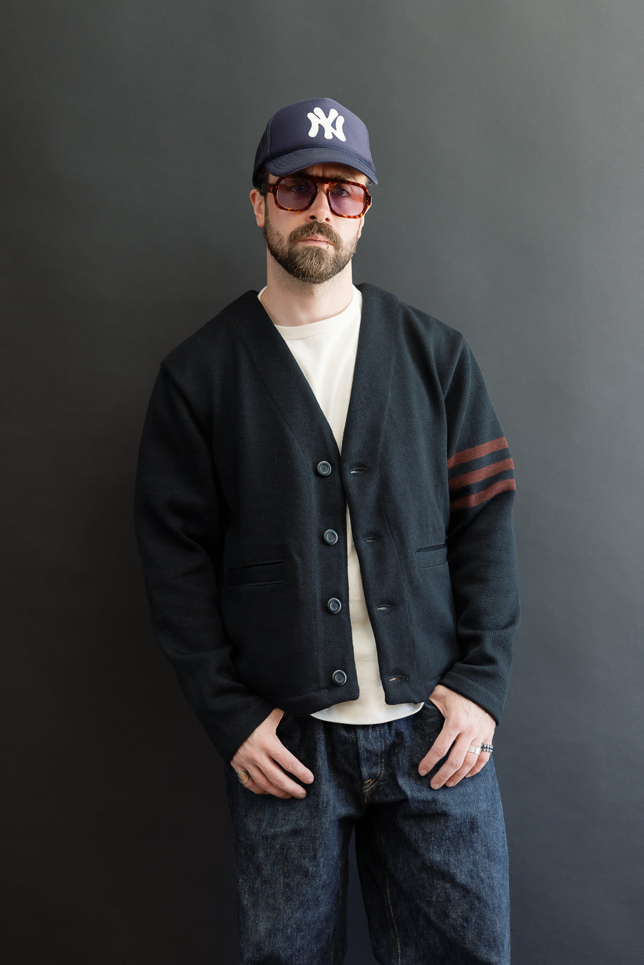 Full body front view of a male model, 5'9