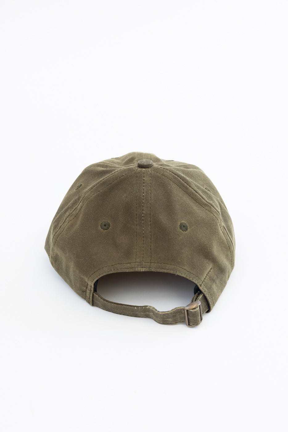 Back view flat lay of an olive green cotton baseball cap with adjustable strap detail.