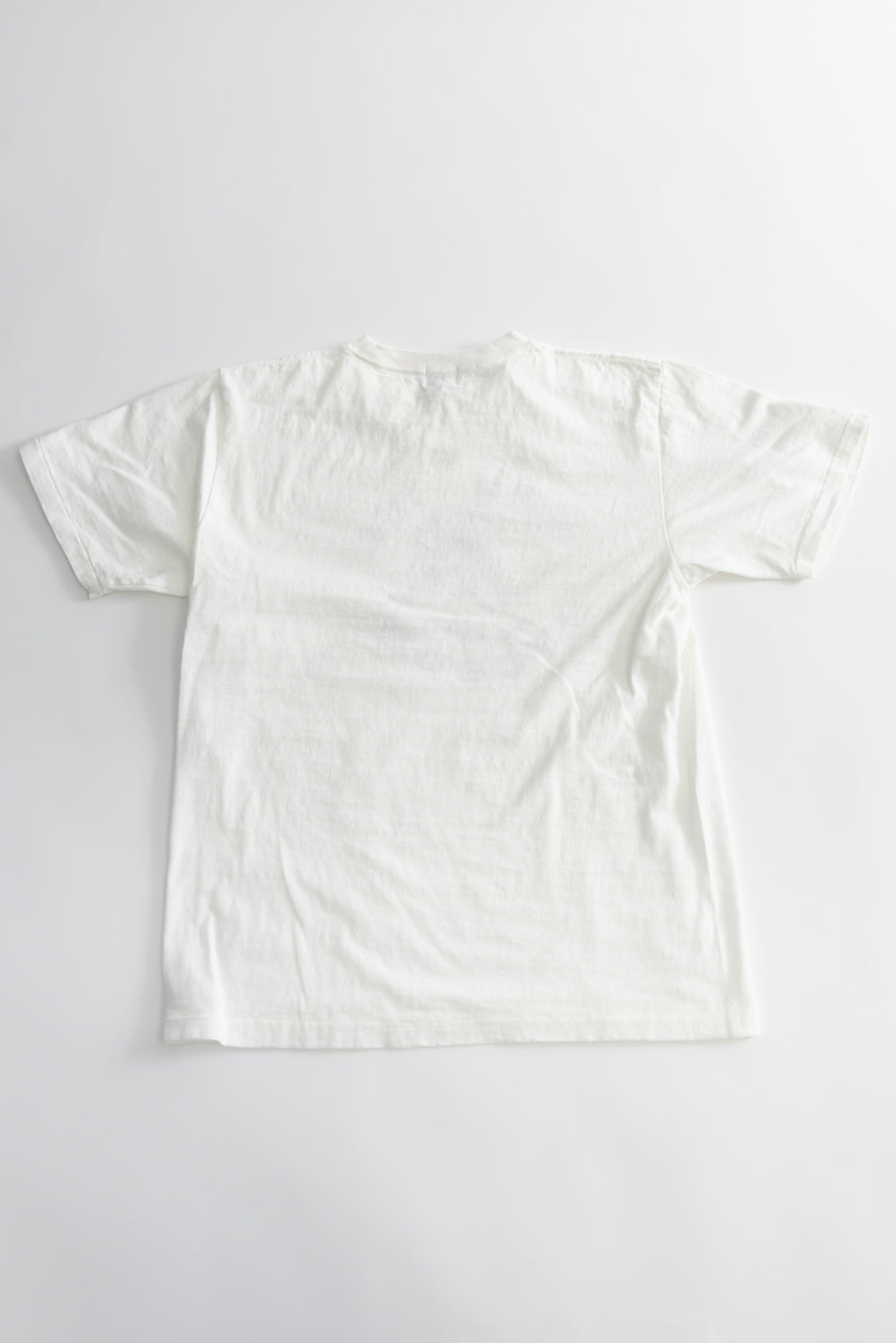 5.4oz Raffy Tenjiku Printed T-Shirt Grotius - Off White, showcasing a vintage-inspired design with a seamless tubular construction and a textured slub jersey fabric, laid flat from the back.