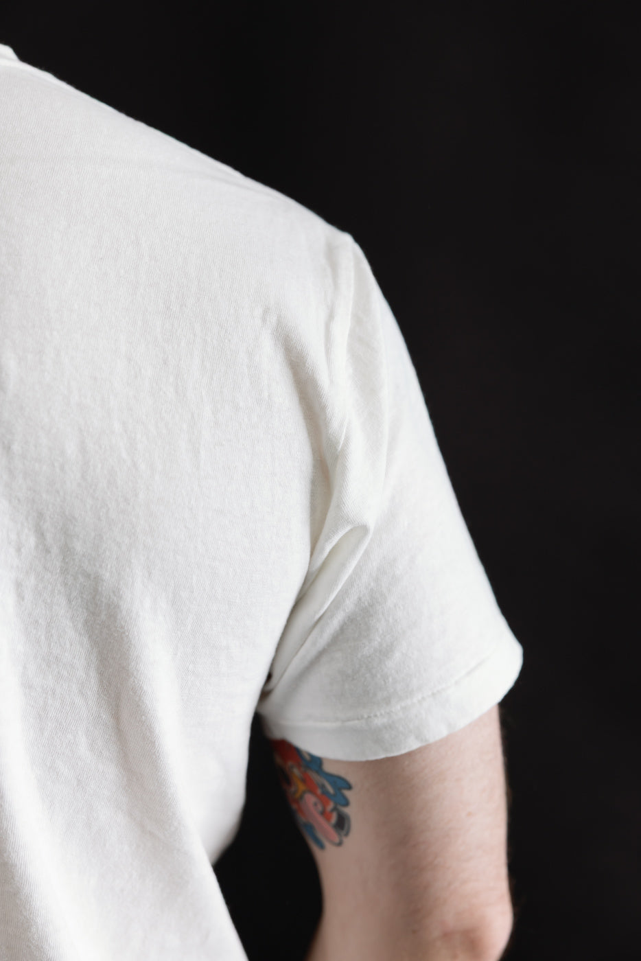 The DUBBLE WORKS Raffy Tenjiku Printed T-Shirt The Pet Rock - Off White, showcasing its seamless tubular design on the upper back, worn by a model, highlighting the vintage-inspired Japanese craftsmanship.