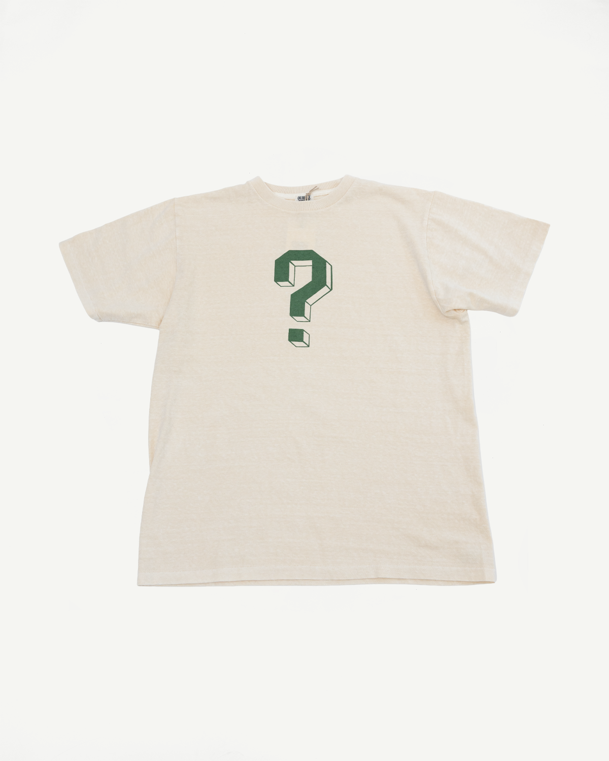 Cream short sleeve tee with green 3D question mark graphic, front view flat lay