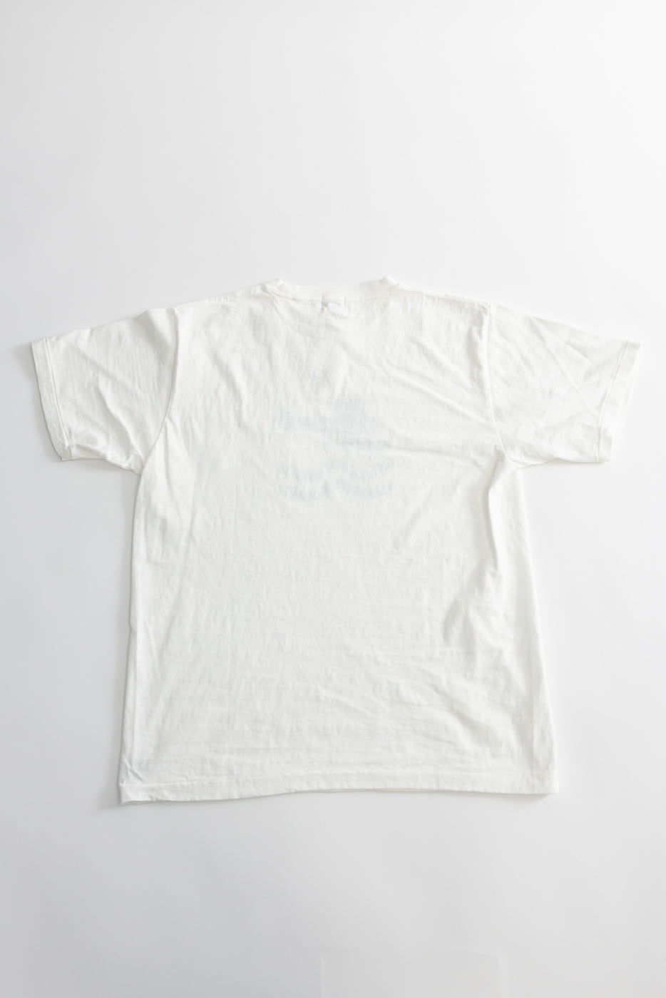 Back view of the 5.4oz Raffy Tenjiku Printed T-Shirt Seaplane in Off White, showcasing its seamless tubular construction and pull-over stitch hem, laid flat on a white surface.