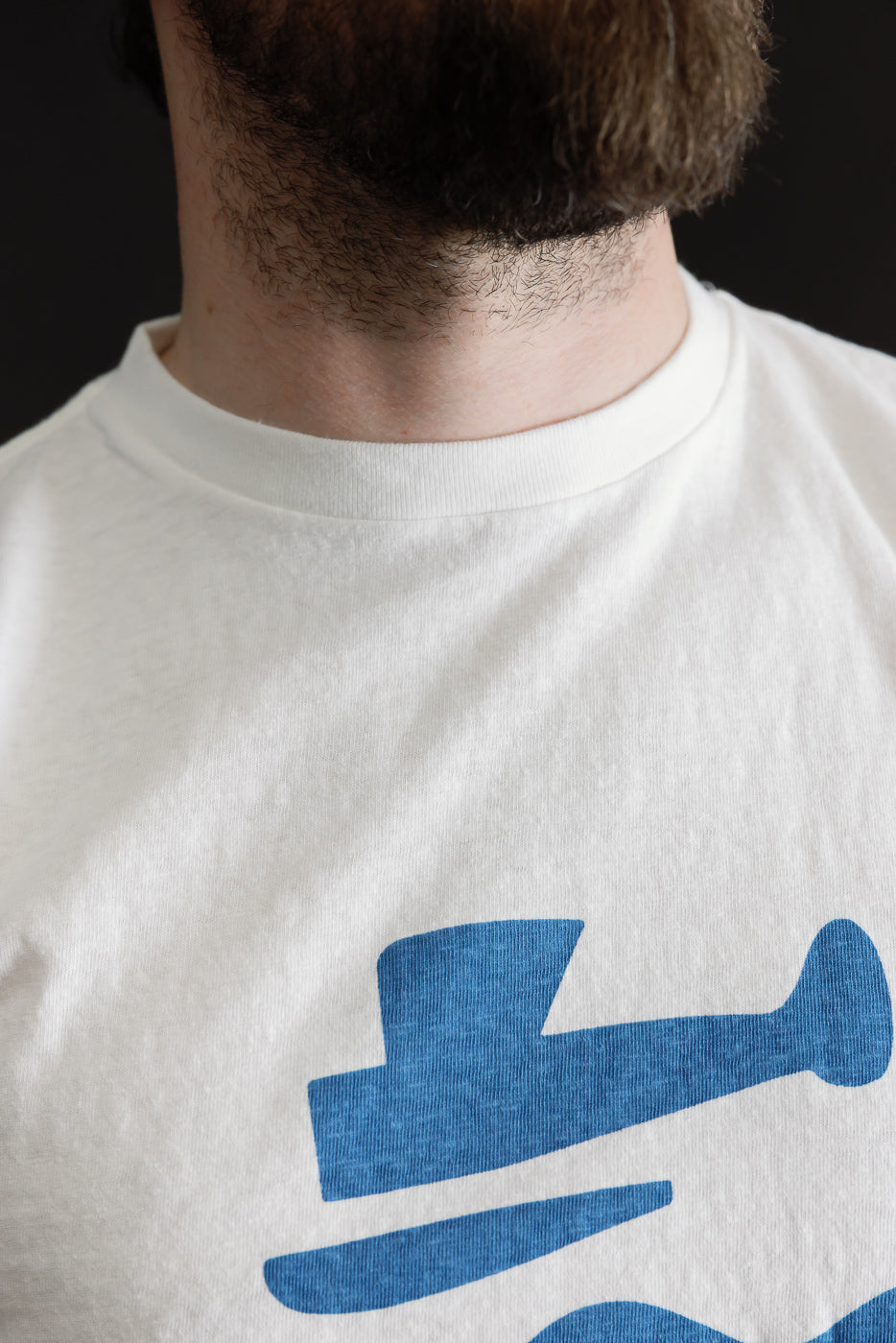 Close-up of a person wearing the 5.4oz Raffy Tenjiku Printed T-Shirt Seaplane in Off White, showcasing its bold blue graphic on a textured, vintage-inspired fabric, emphasizing Japanese craftsmanship and seamless design.