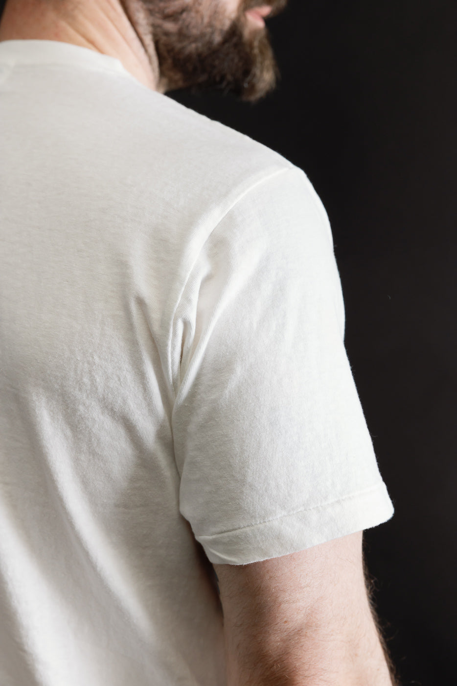 Man wearing the 5.4oz Raffy Tenjiku Printed T-Shirt Seaplane - Off White, showcasing the high-quality slub jersey texture and seamless tubular construction against a dark background.