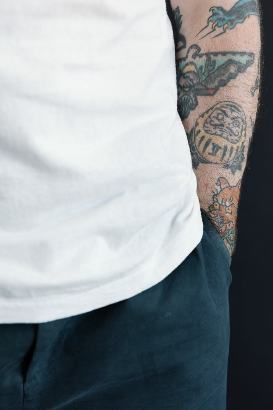 Close-up side view of a male model (5'9