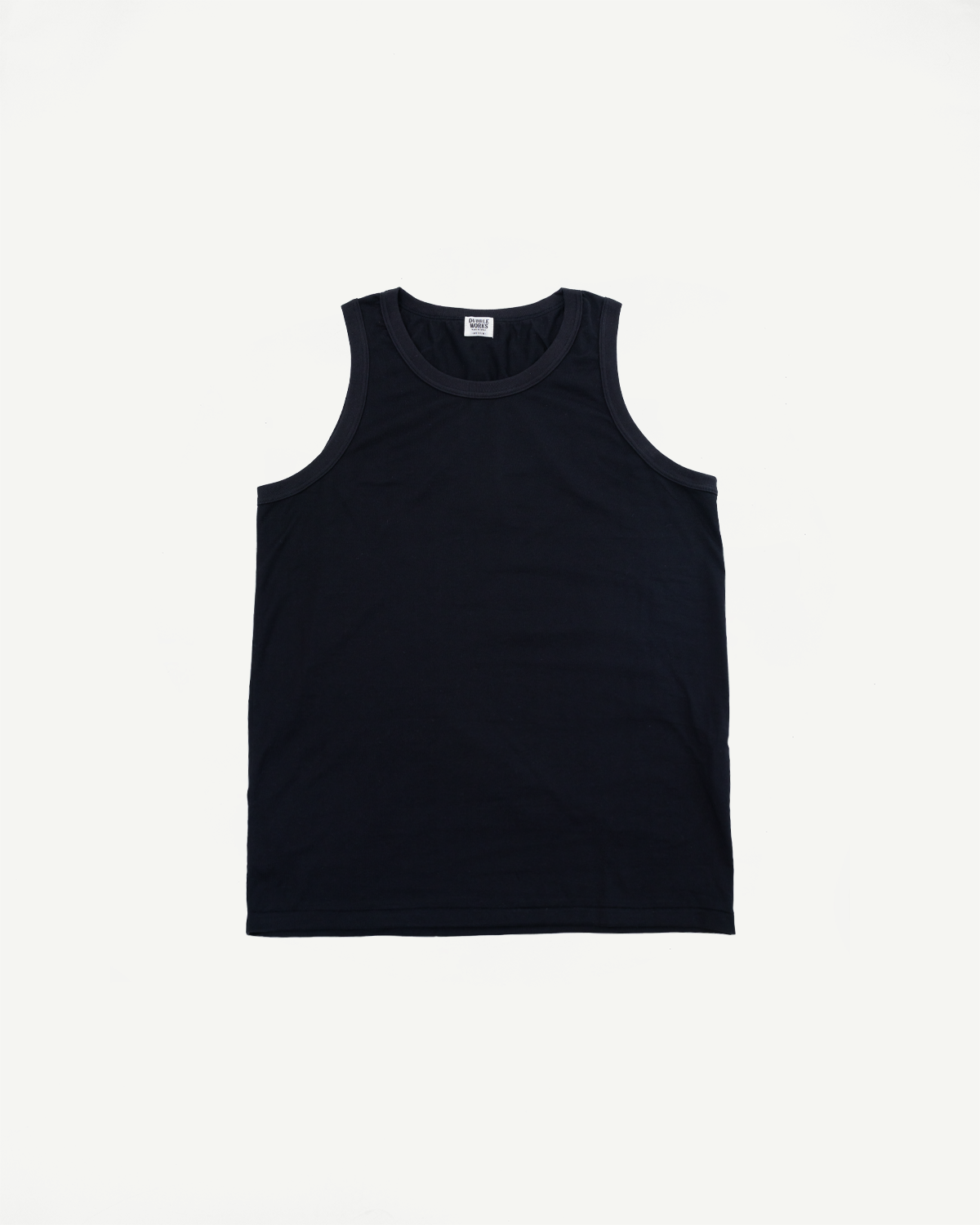 Front flat lay of navy tank top, showing crew neck, sleeveless cut, and brand tag at collar.