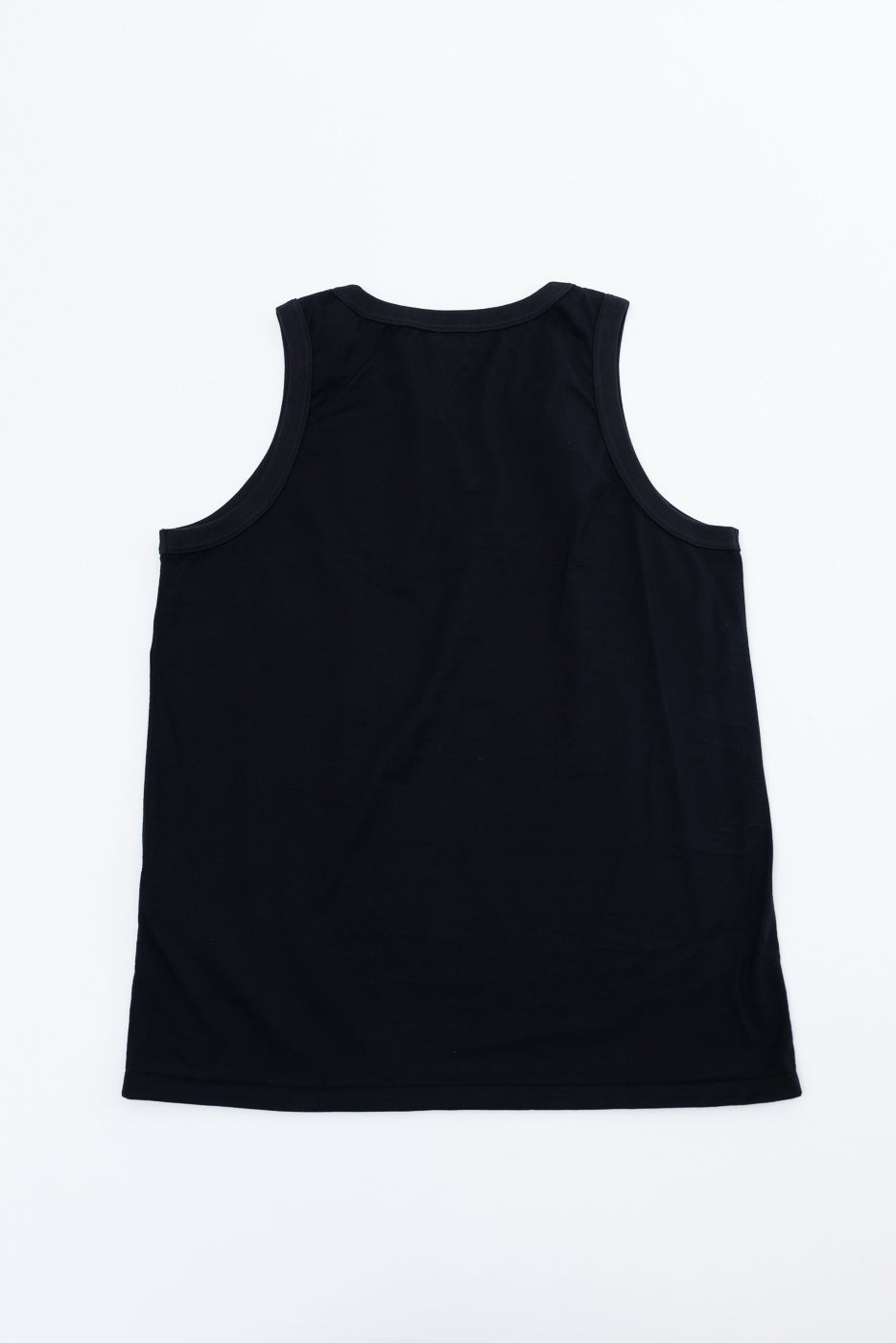 Black tank top back view, flat lay, showing rounded neckline and straight hem, no graphics