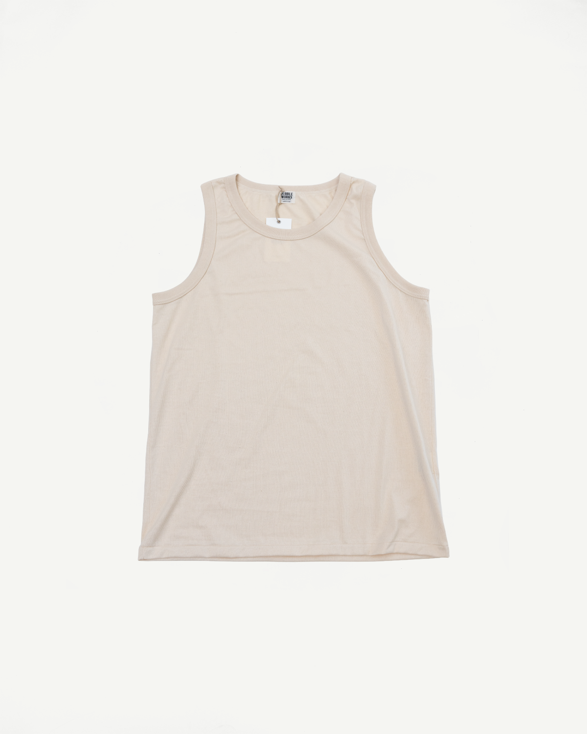 Front view of beige ribbed tank top, flat lay, showcasing tag and rounded neckline