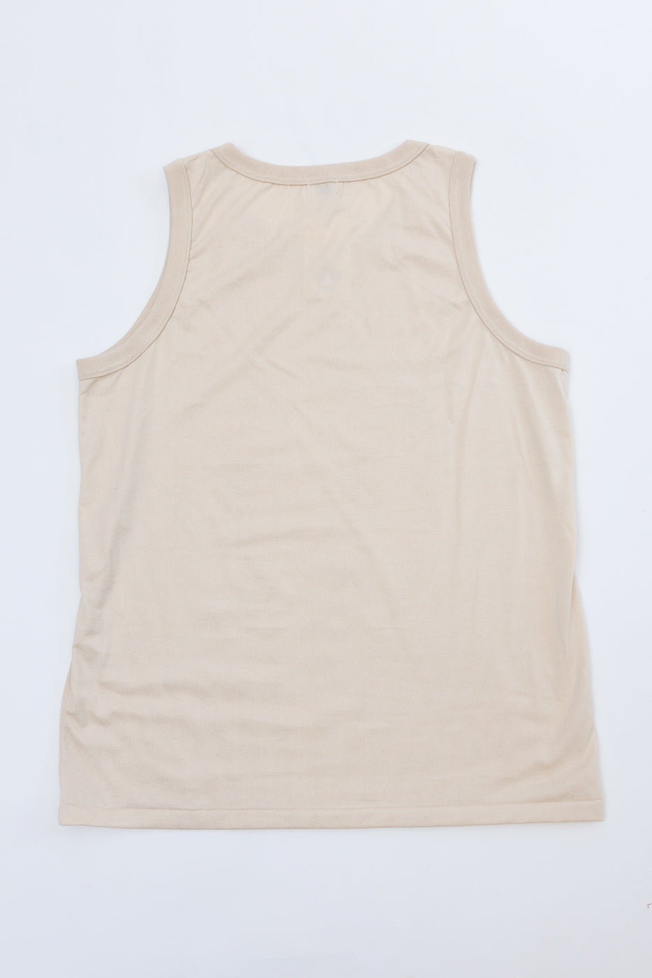 Beige tank top back view, flat lay, ribbed neckline and hem, soft cotton texture
