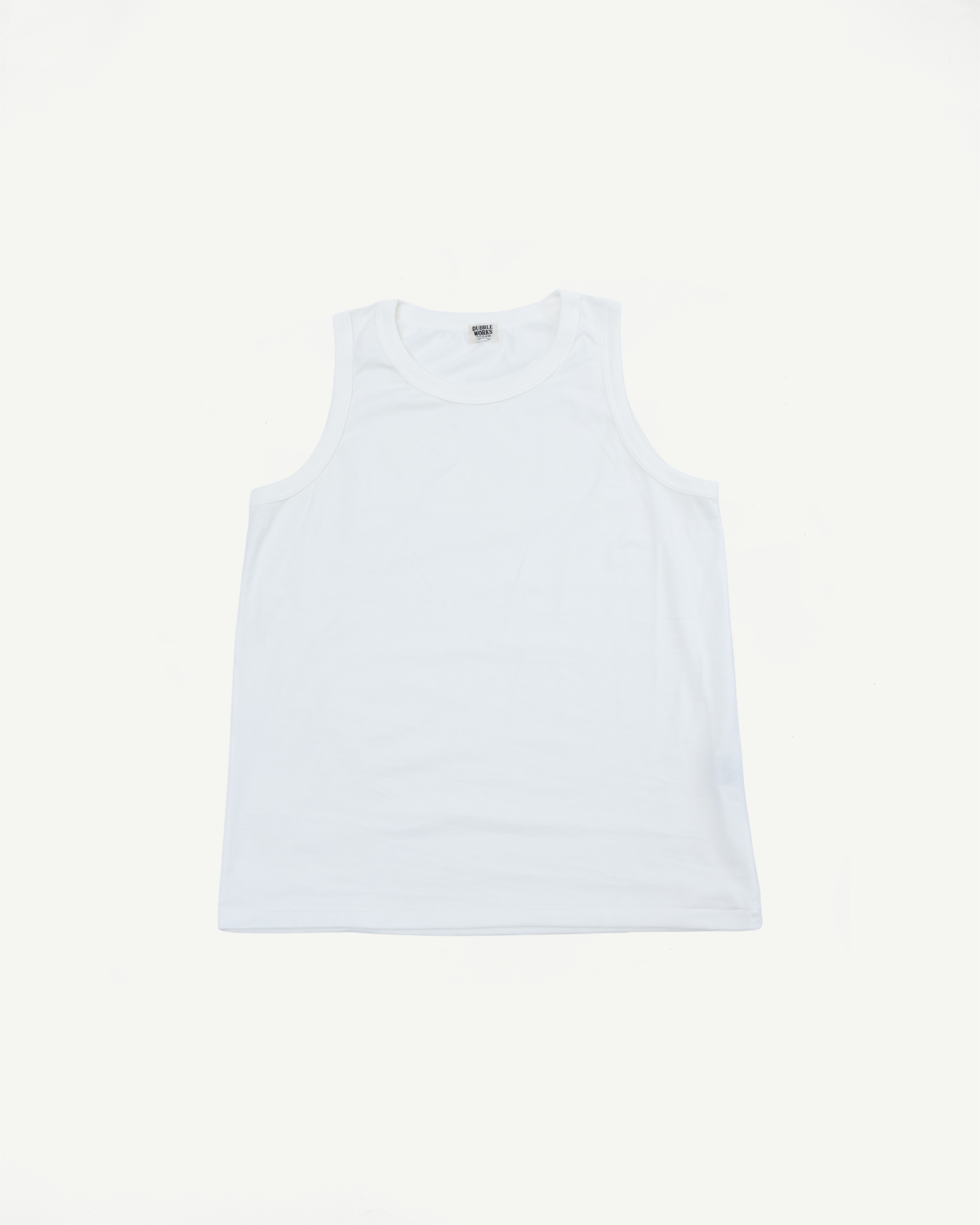 Front view of white sleeveless tank top with tag detail, flat lay