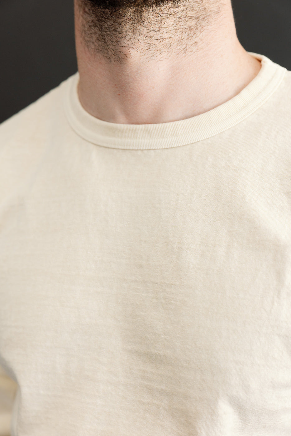 Close-up front view of male model wearing cream crew neck tee, showing ribbed collar and soft cotton texture