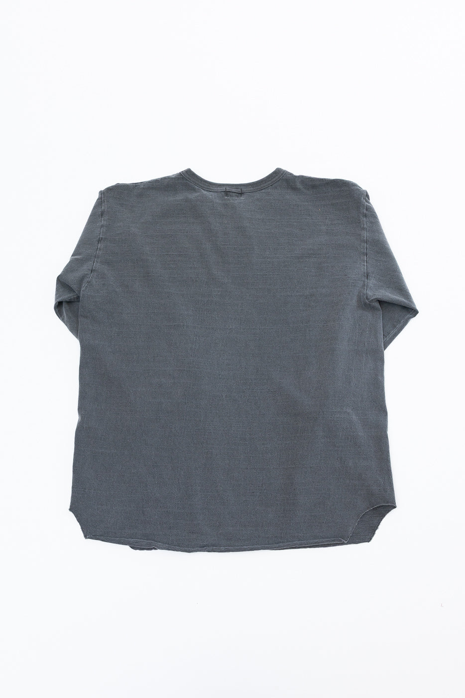 Flat lay back view of dark gray short-sleeve t-shirt with rounded hem and ribbed crew neck