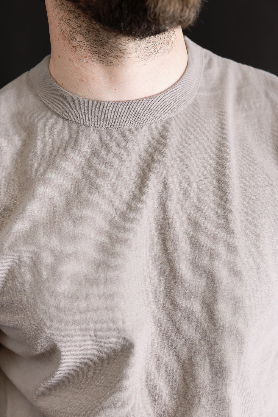 Close-up of a Fallen Cotton Midweight T-Shirt in Grey, showcasing its light grey crew-neck and subtle beard stubble texture, emphasizing the shirt's naturally uneven slub and soft, lived-in feel.