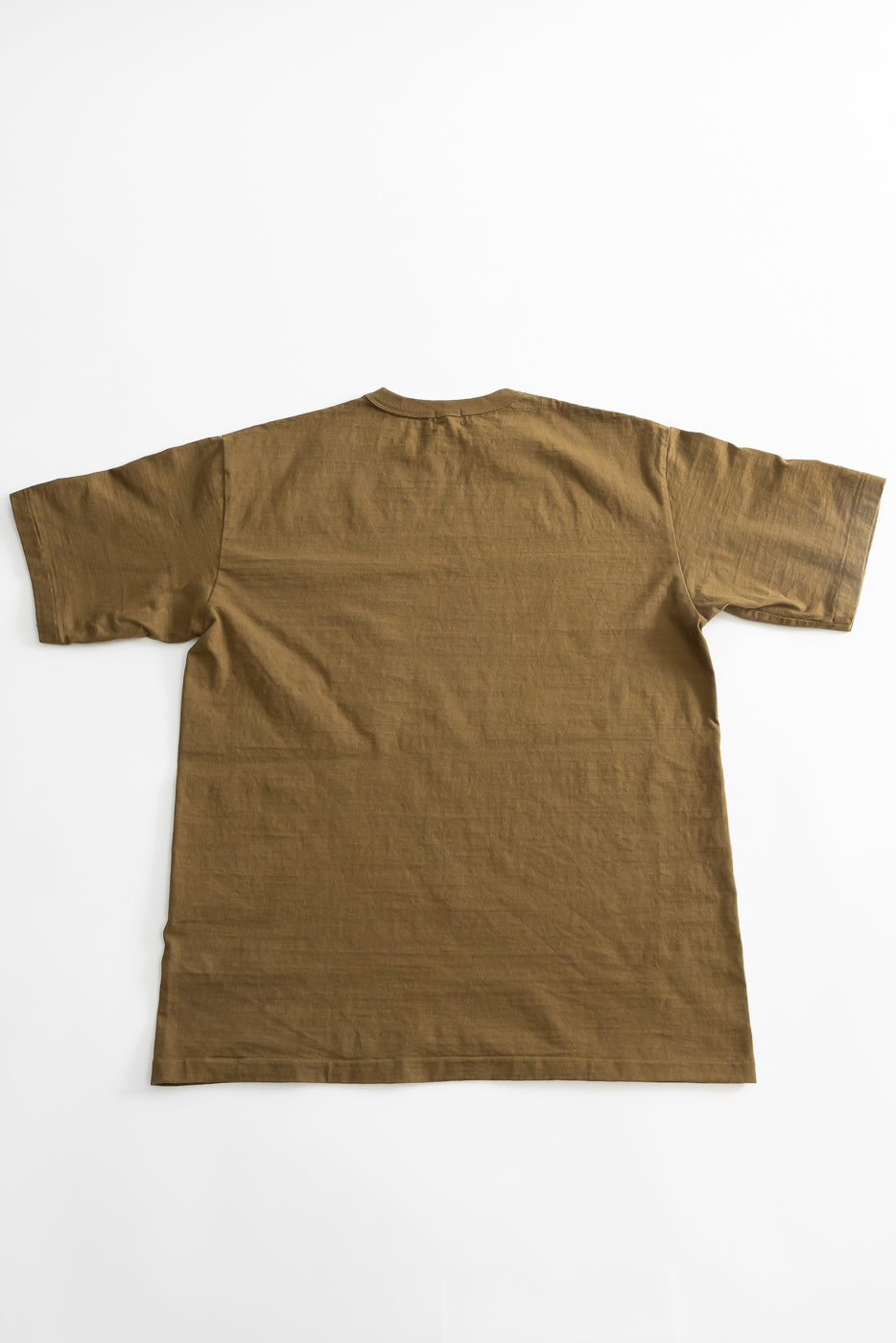 7.7oz - Fallen Cotton Midweight T-Shirt S/S - Khaki, displayed flat from the back, showcasing its plain, short-sleeve design made from recycled cotton slub jersey, emphasizing its texture and durability for everyday wear.