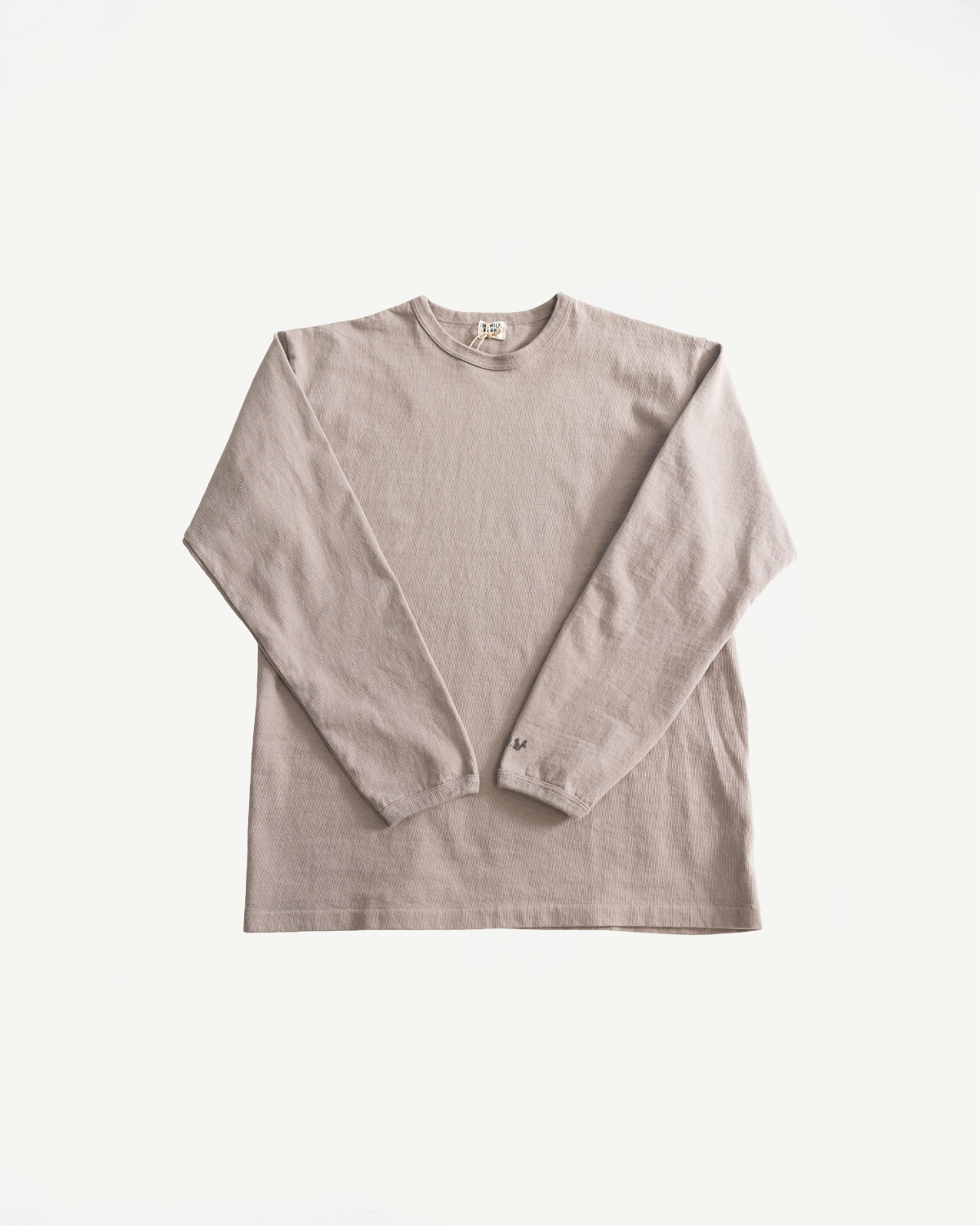 Flat lay front view of heavyweight grey long sleeve tee, crew neck, textured fabric detail.