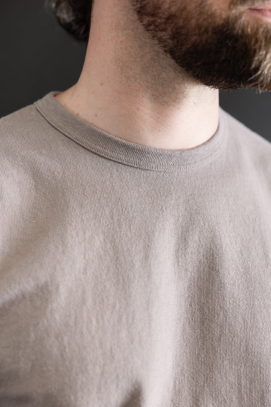 Close-up of male model wearing grey heavyweight long sleeve tee, front collar detail, athletic build, 5'9
