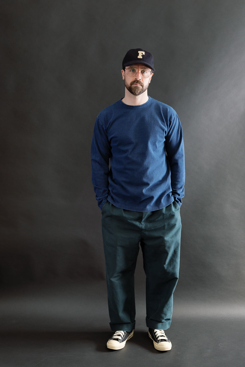 Full body front view of male model 5'9