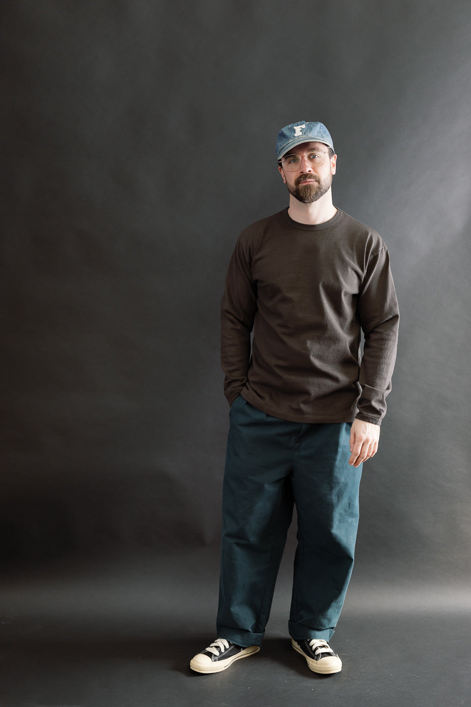 Full body front view of male model 5'9