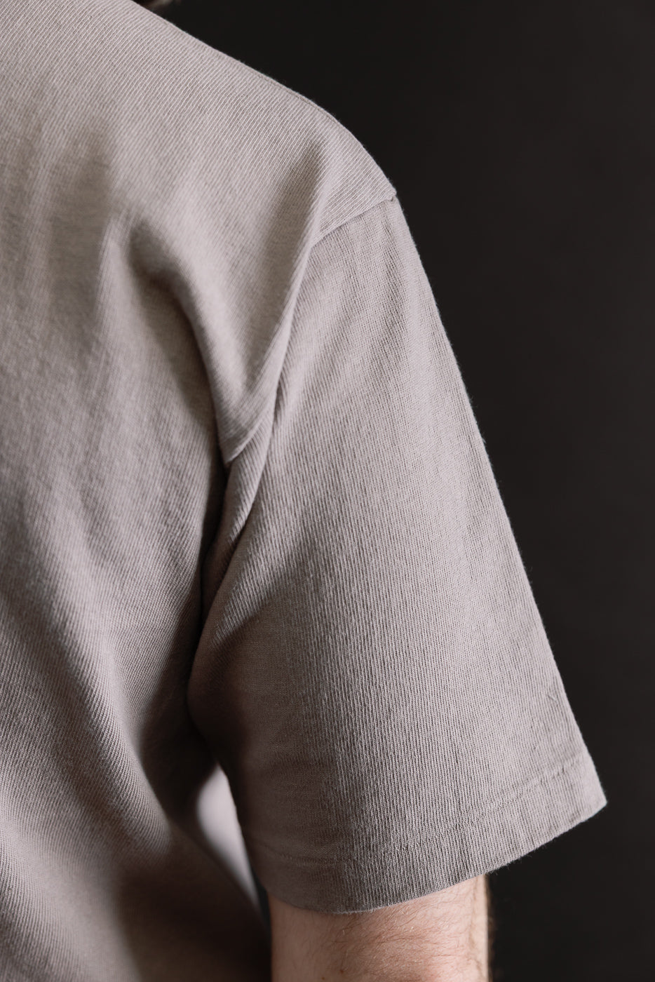 Close-up of male model's right shoulder and sleeve, heavyweight grey tee, athletic build
