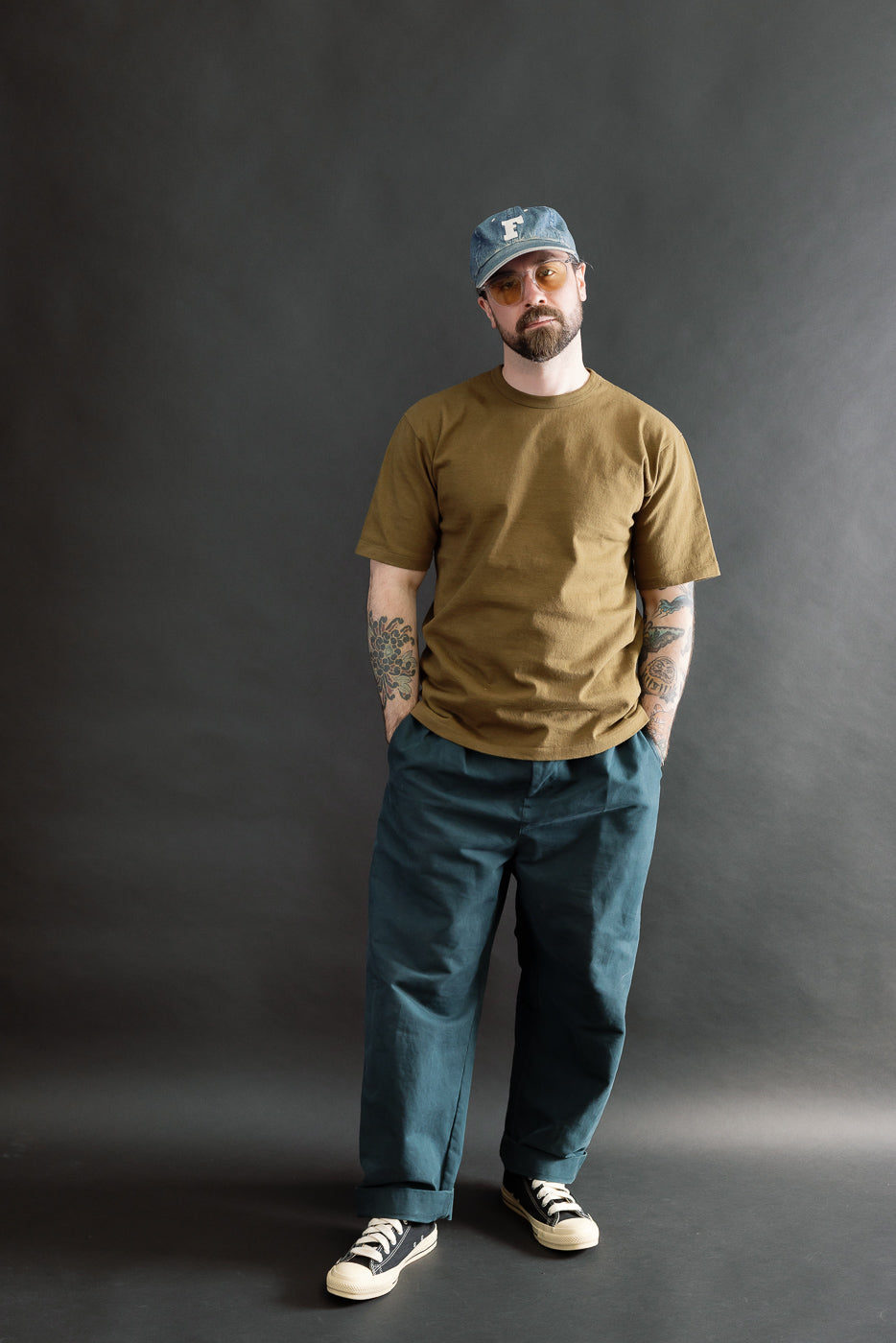 Full body front view of male model 5'9