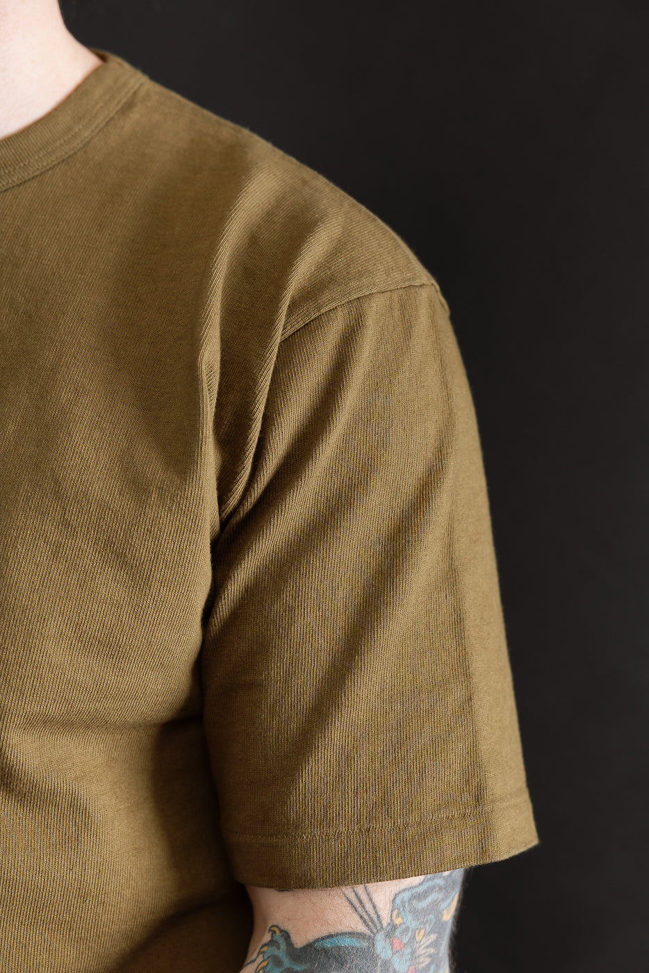 Close-up of khaki heavyweight tee front shoulder and sleeve on male model, 5'9