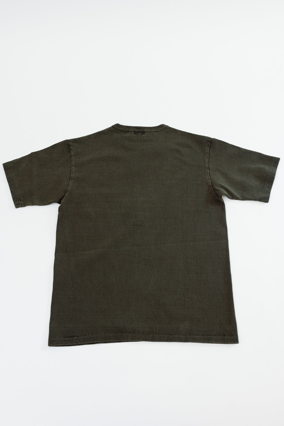 Flat lay back view of olive green short-sleeve t-shirt, showing crew neck and hem details