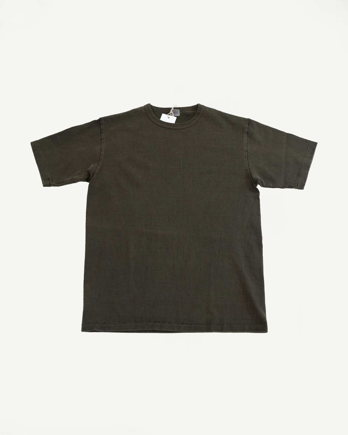 Olive green crew neck tee, front flat lay, ribbed texture, tag visible at collar, casual apparel