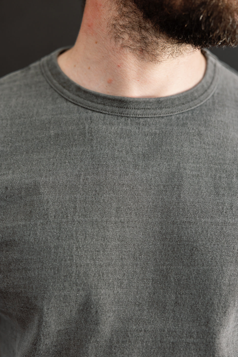 Close-up front view of male model wearing gray crew neck tee, showing ribbed collar and soft fabric texture