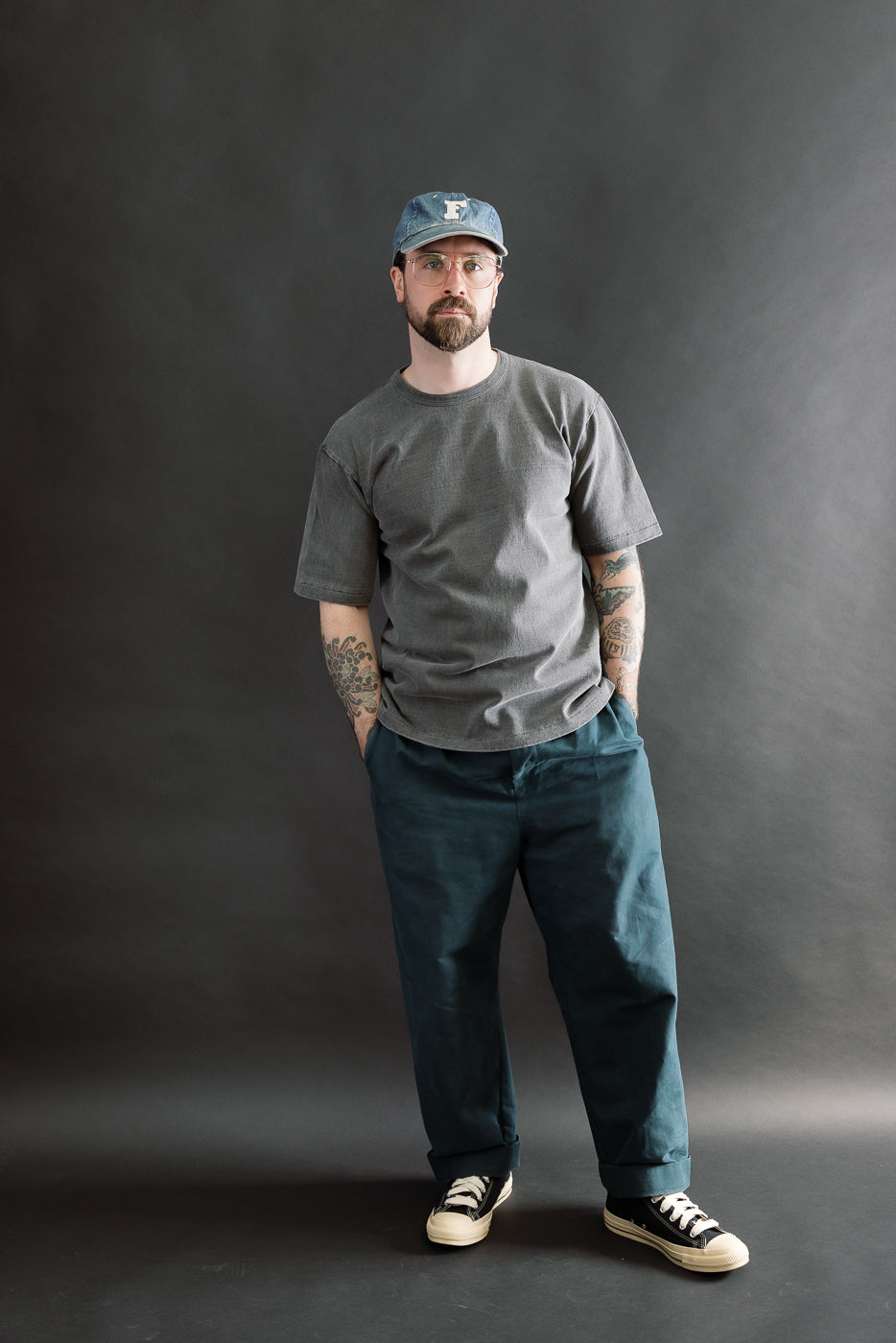 Full body front view of male model 5'9
